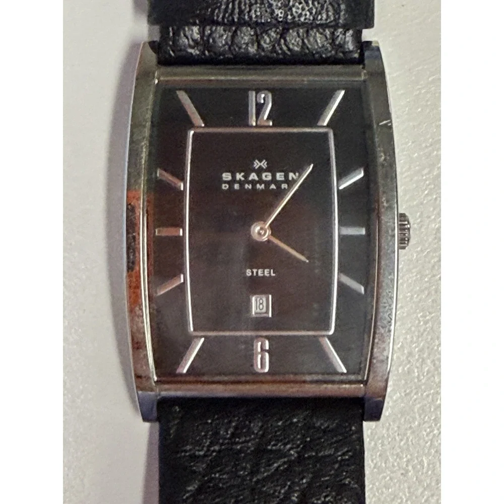 Skagen Denmark 294LSLB1 Men's Rectangular Tank Watch Black Leather New Battery
